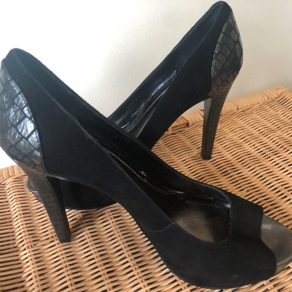 Black Suede Shoes With  Pewter Snake Embosed Hell